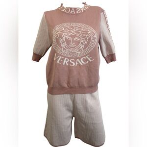 Versace Inspired Women's Pink & Cream Medusa Knit Two-Piece Set